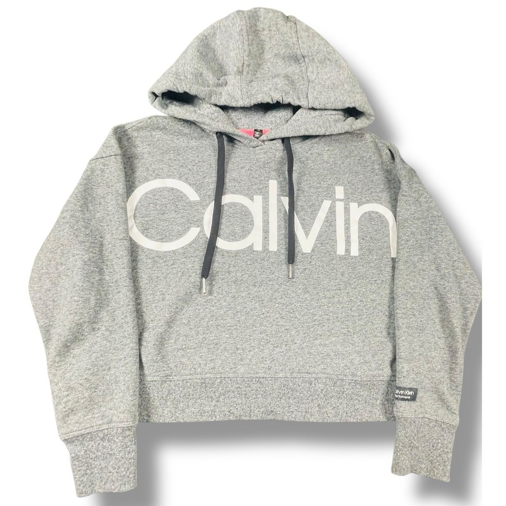 Calvin Klein Performance Hoodie Gray Logo Lightly Cropped Pullover Womens XS Fun